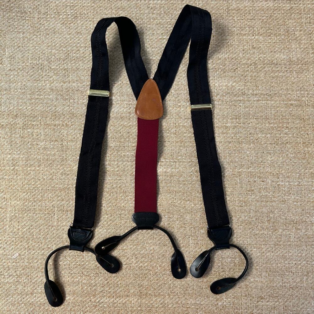 Pelican Suspenders Black Textured Ribbon Leather Button On USA Made Mens